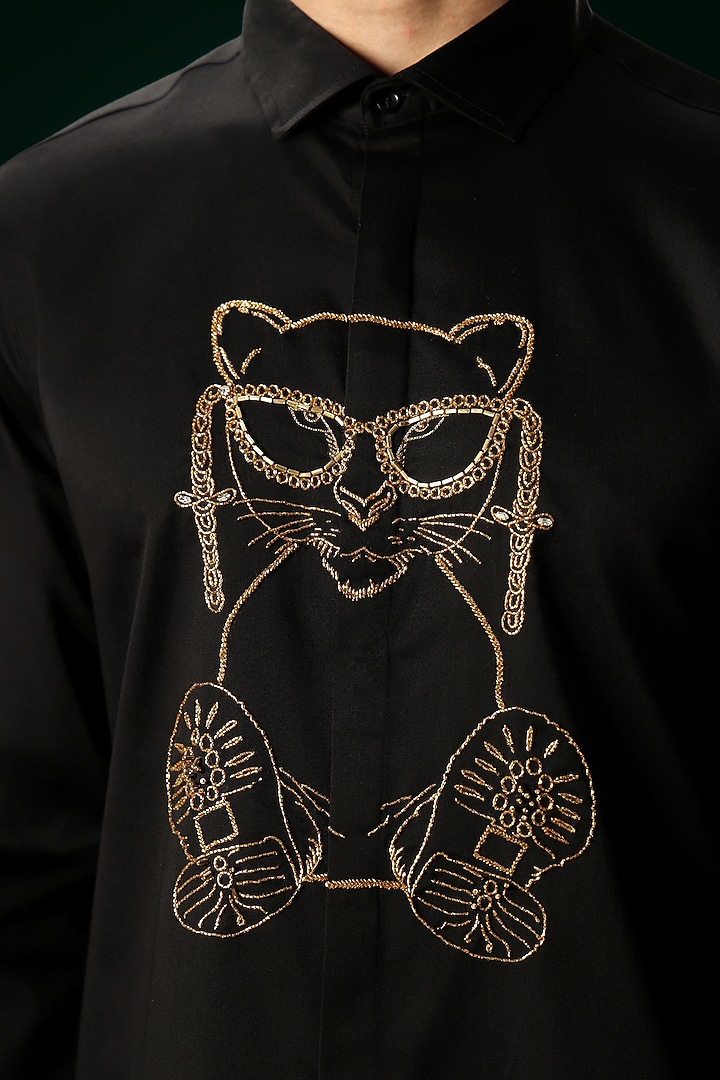 Black Cotton Satin Cat Hand Embroidered Party Wear Shirt by Komal Kothari at Pernia's Pop Up Shop