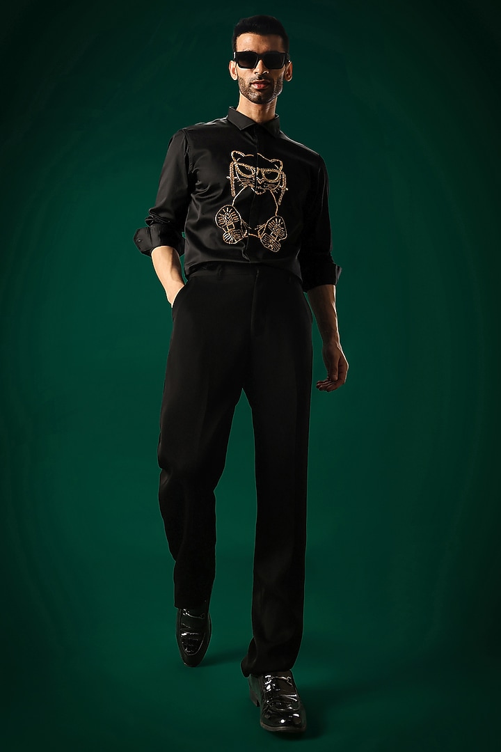 Black Cotton Satin Cat Hand Embroidered Party Wear Shirt by Komal Kothari at Pernia's Pop Up Shop