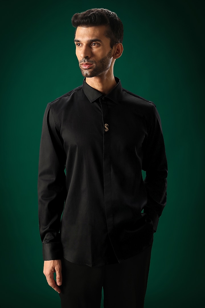 Black Cotton Satin Hand Embroidered Party Wear Shirt by Komal Kothari at Pernia's Pop Up Shop