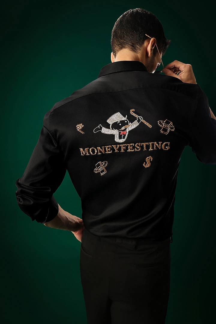 Black Cotton Satin Hand Embroidered Party Wear Shirt by Komal Kothari at Pernia's Pop Up Shop