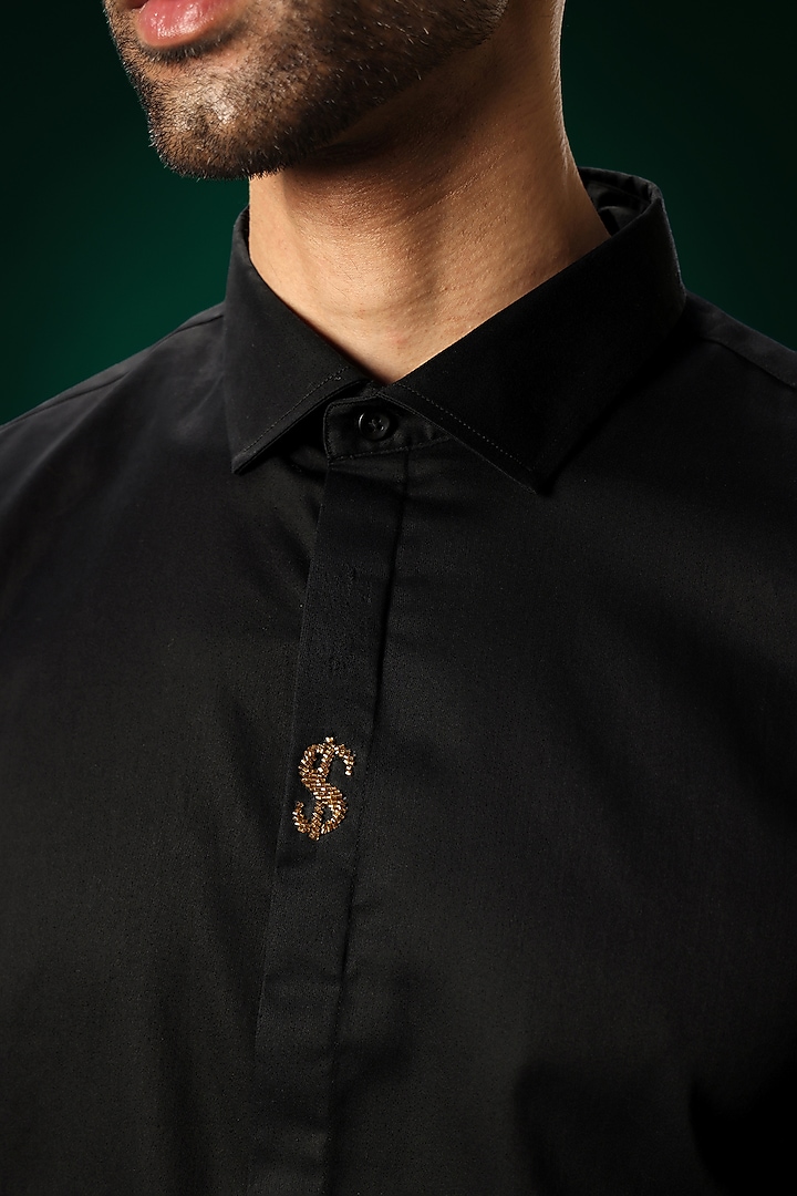 Black Cotton Satin Hand Embroidered Party Wear Shirt by Komal Kothari at Pernia's Pop Up Shop