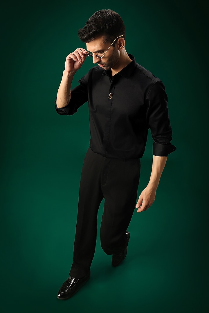 Black Cotton Satin Hand Embroidered Party Wear Shirt by Komal Kothari at Pernia's Pop Up Shop