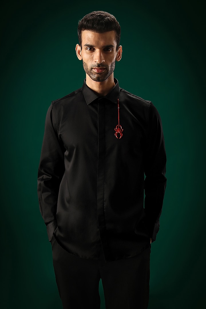 Black Cotton Satin Cobweb Hand Embroidered Party Wear Shirt by Komal Kothari at Pernia's Pop Up Shop
