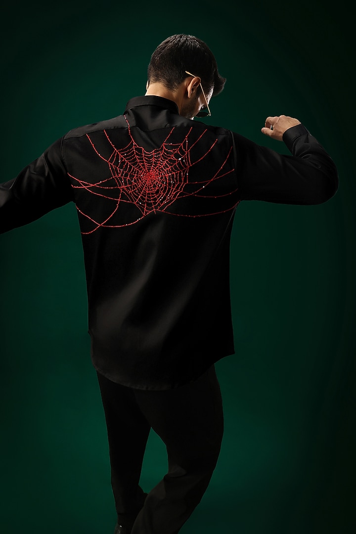 Black Cotton Satin Cobweb Hand Embroidered Party Wear Shirt by Komal Kothari at Pernia's Pop Up Shop