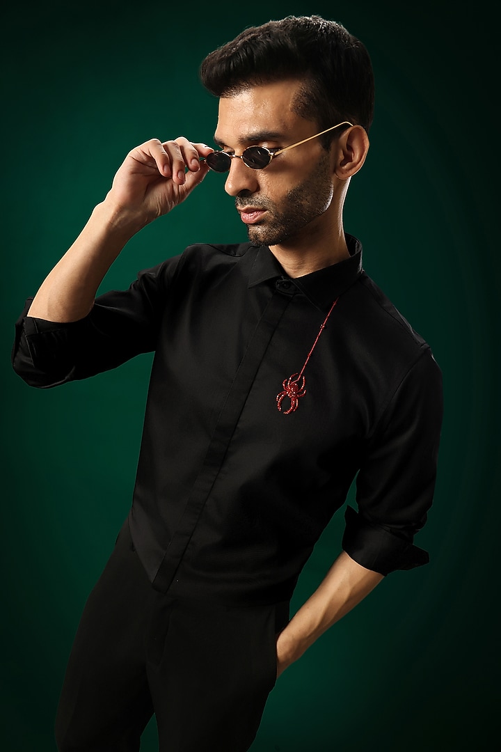 Black Cotton Satin Cobweb Hand Embroidered Party Wear Shirt by Komal Kothari at Pernia's Pop Up Shop
