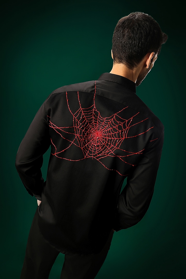 Black Cotton Satin Cobweb Hand Embroidered Party Wear Shirt by Komal Kothari at Pernia's Pop Up Shop