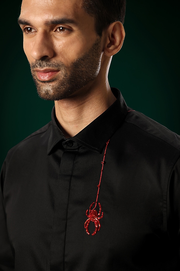 Black Cotton Satin Cobweb Hand Embroidered Party Wear Shirt by Komal Kothari at Pernia's Pop Up Shop