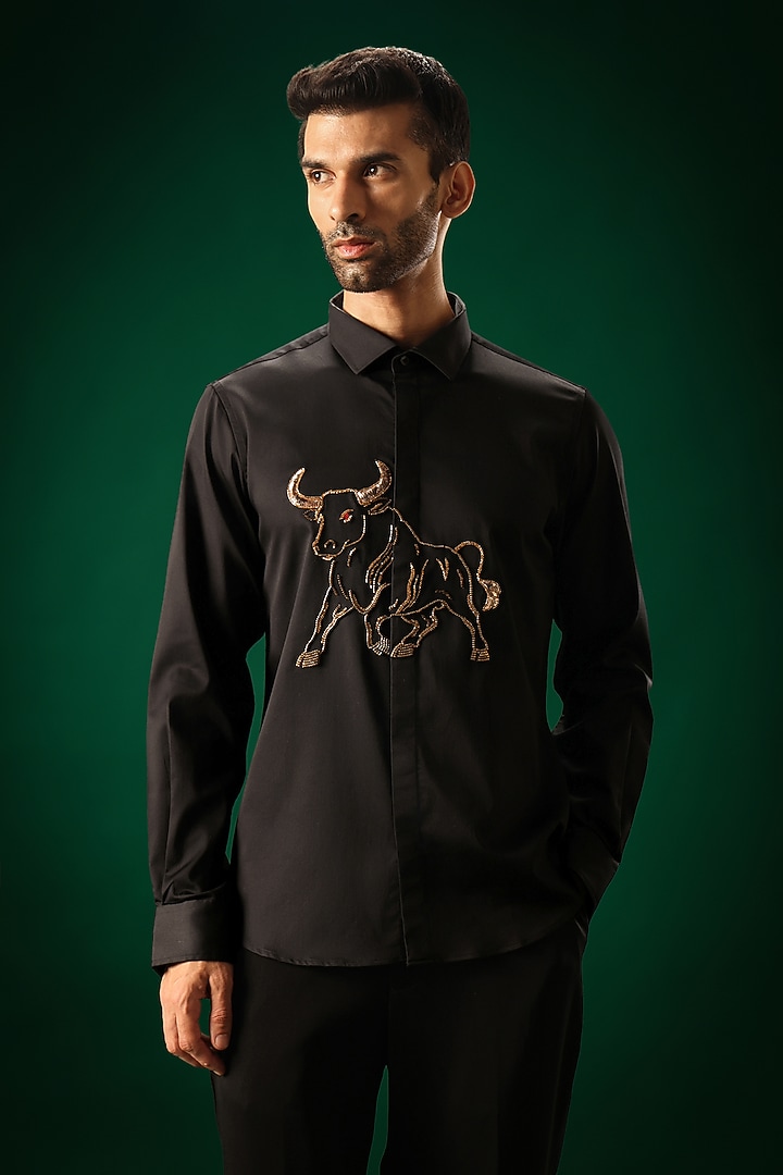 Black Cotton Satin Bull Hand Embroidered Party Wear Shirt by Komal Kothari at Pernia's Pop Up Shop
