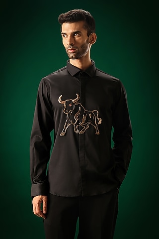 Black Cotton Satin Bull Hand Embroidered Shirt by Komal Kothari