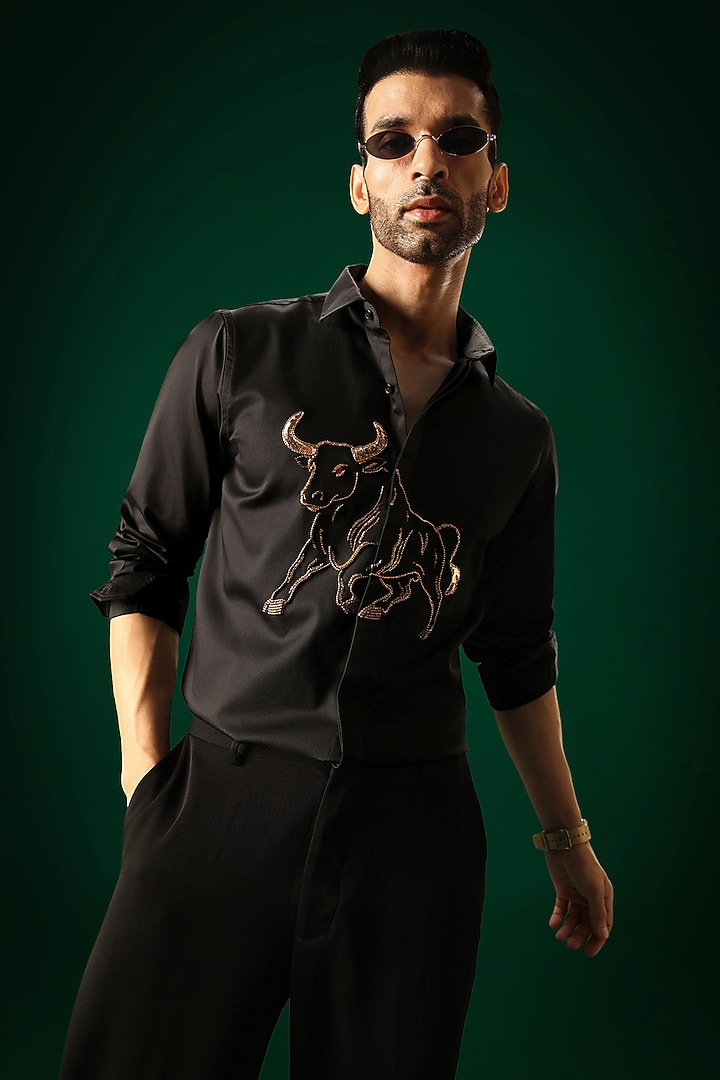 Black Cotton Satin Bull Hand Embroidered Party Wear Shirt by Komal Kothari at Pernia's Pop Up Shop