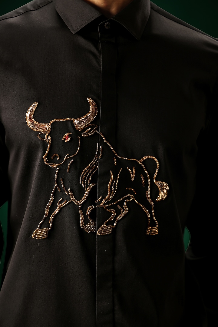 Black Cotton Satin Bull Hand Embroidered Party Wear Shirt by Komal Kothari at Pernia's Pop Up Shop