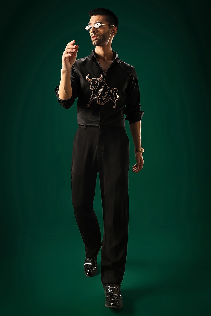 Black Cotton Satin Bull Hand Embroidered Party Wear Shirt by Komal Kothari at Pernia's Pop Up Shop