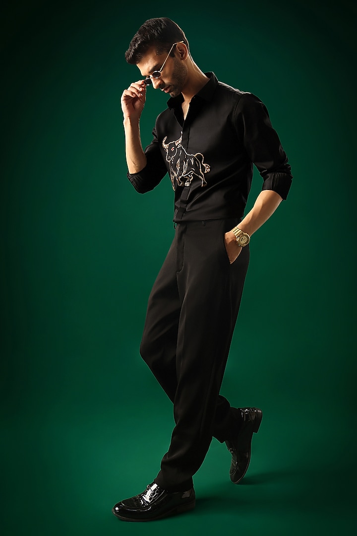 Black Cotton Satin Bull Hand Embroidered Party Wear Shirt by Komal Kothari at Pernia's Pop Up Shop