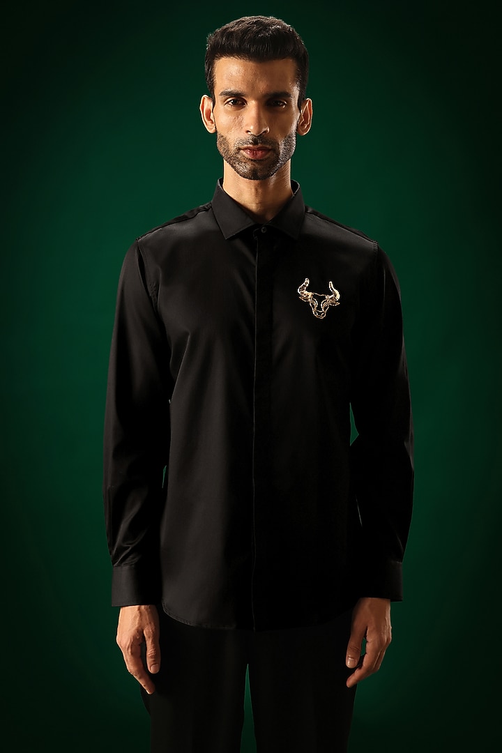 Black Cotton Satin Hand Embroidered Party Wear Shirt by Komal Kothari at Pernia's Pop Up Shop