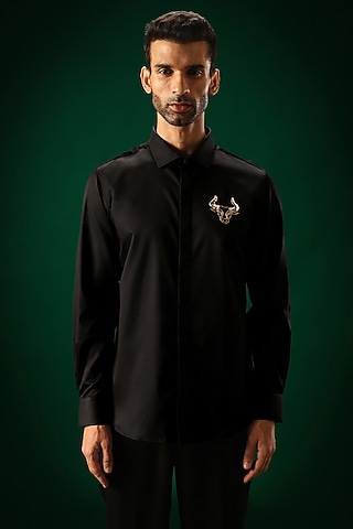 Black Cotton Satin Hand Embroidered Shirt by Komal Kothari
