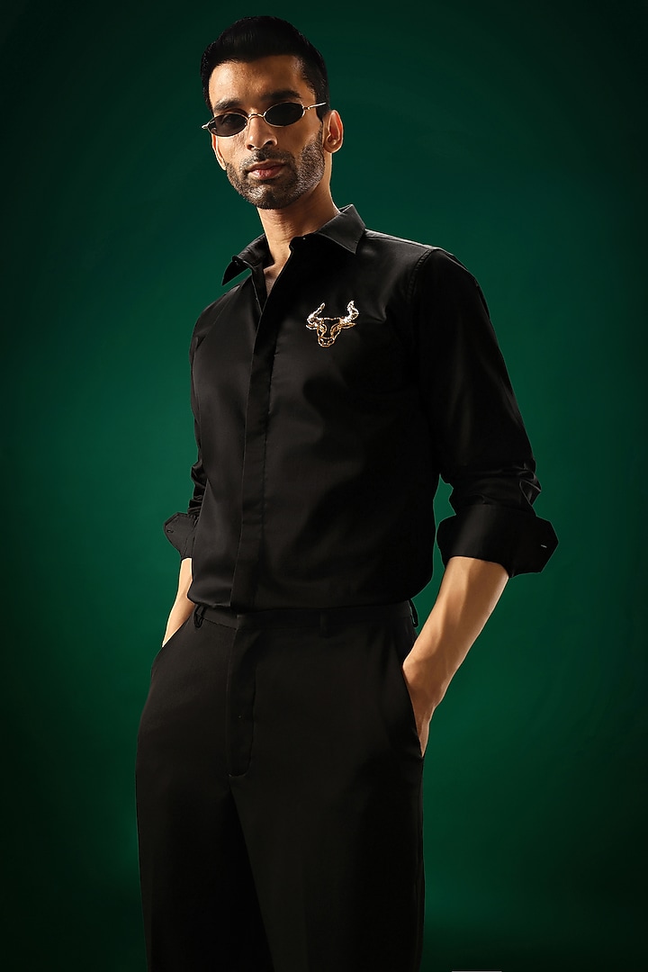 Black Cotton Satin Hand Embroidered Party Wear Shirt by Komal Kothari at Pernia's Pop Up Shop