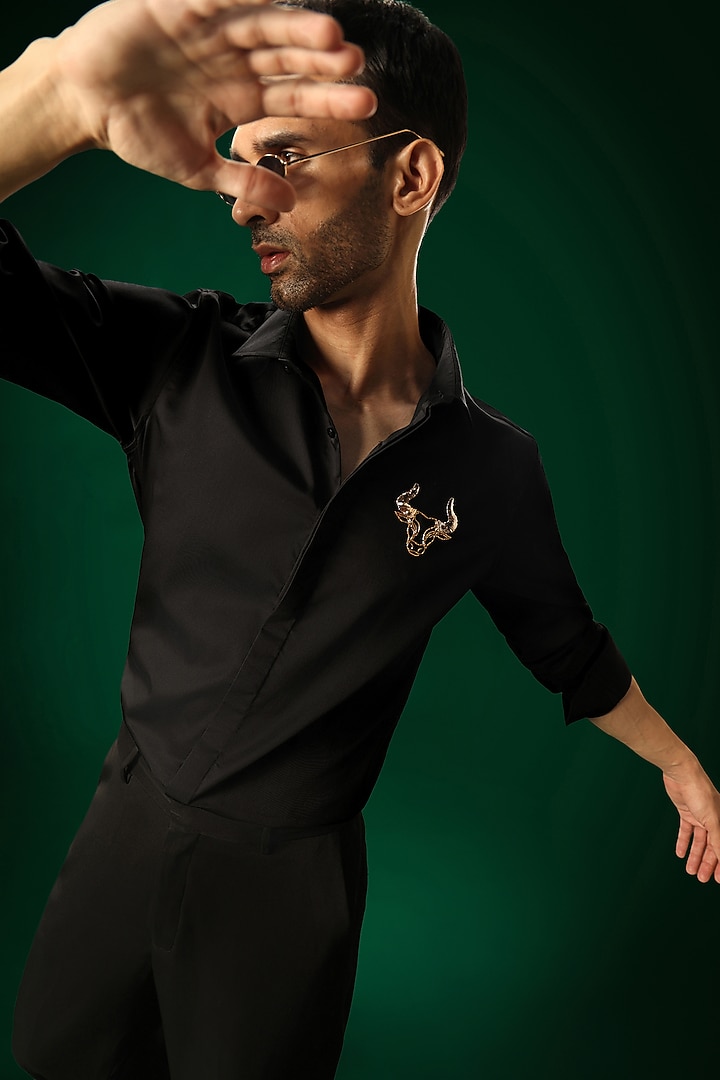 Black Cotton Satin Hand Embroidered Party Wear Shirt by Komal Kothari at Pernia's Pop Up Shop