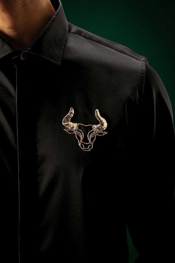 Black Cotton Satin Hand Embroidered Party Wear Shirt by Komal Kothari at Pernia's Pop Up Shop