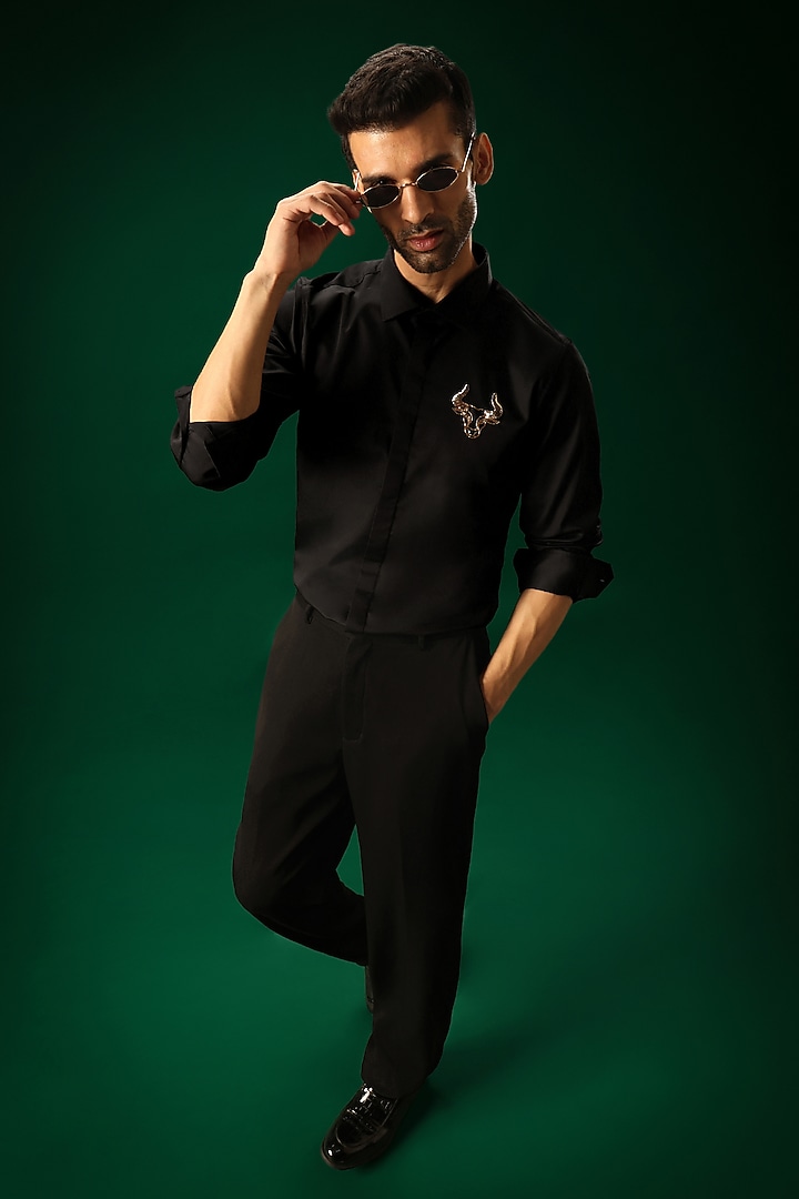 Black Cotton Satin Hand Embroidered Party Wear Shirt by Komal Kothari at Pernia's Pop Up Shop