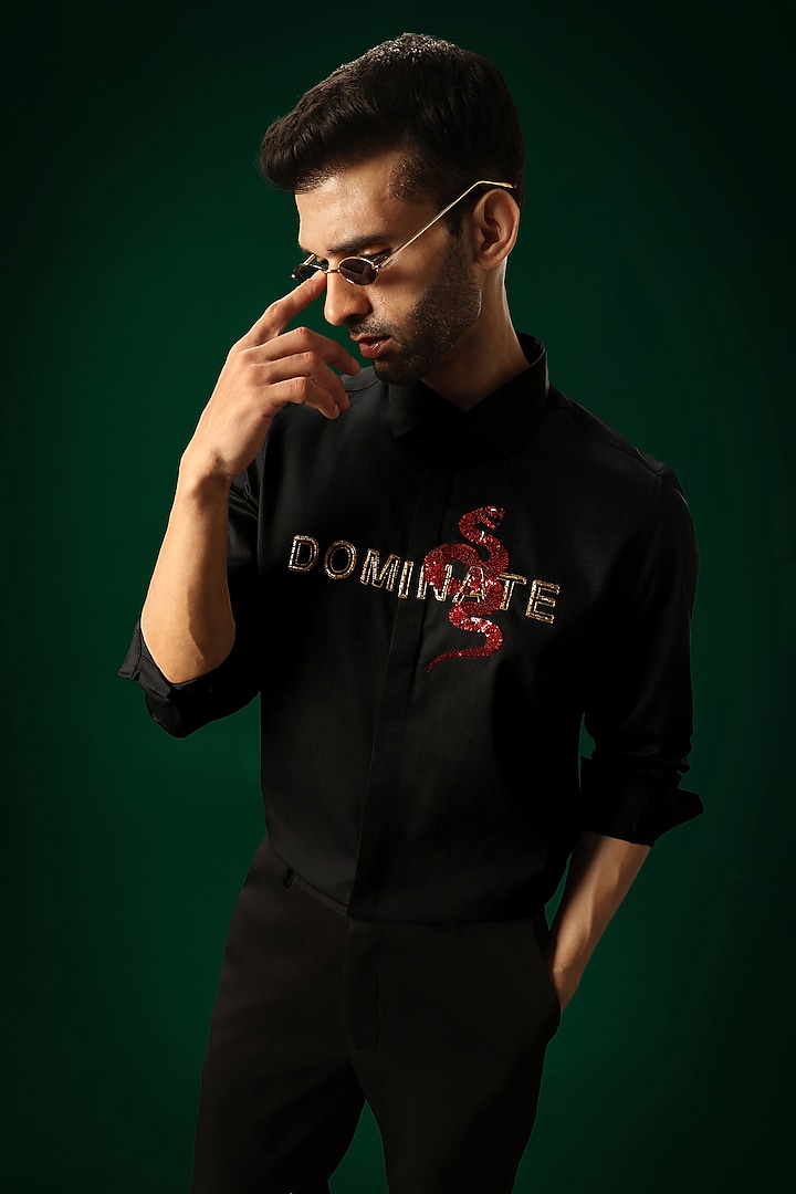 Black Cotton Satin Snake Hand Embroidered Party Wear Shirt by Komal Kothari at Pernia's Pop Up Shop