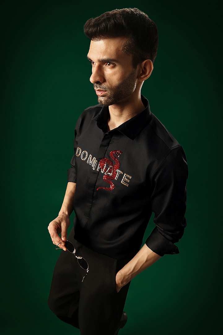 Black Cotton Satin Snake Hand Embroidered Party Wear Shirt by Komal Kothari at Pernia's Pop Up Shop