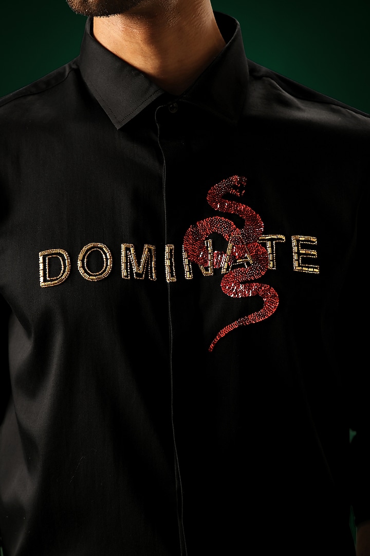 Black Cotton Satin Snake Hand Embroidered Party Wear Shirt by Komal Kothari at Pernia's Pop Up Shop