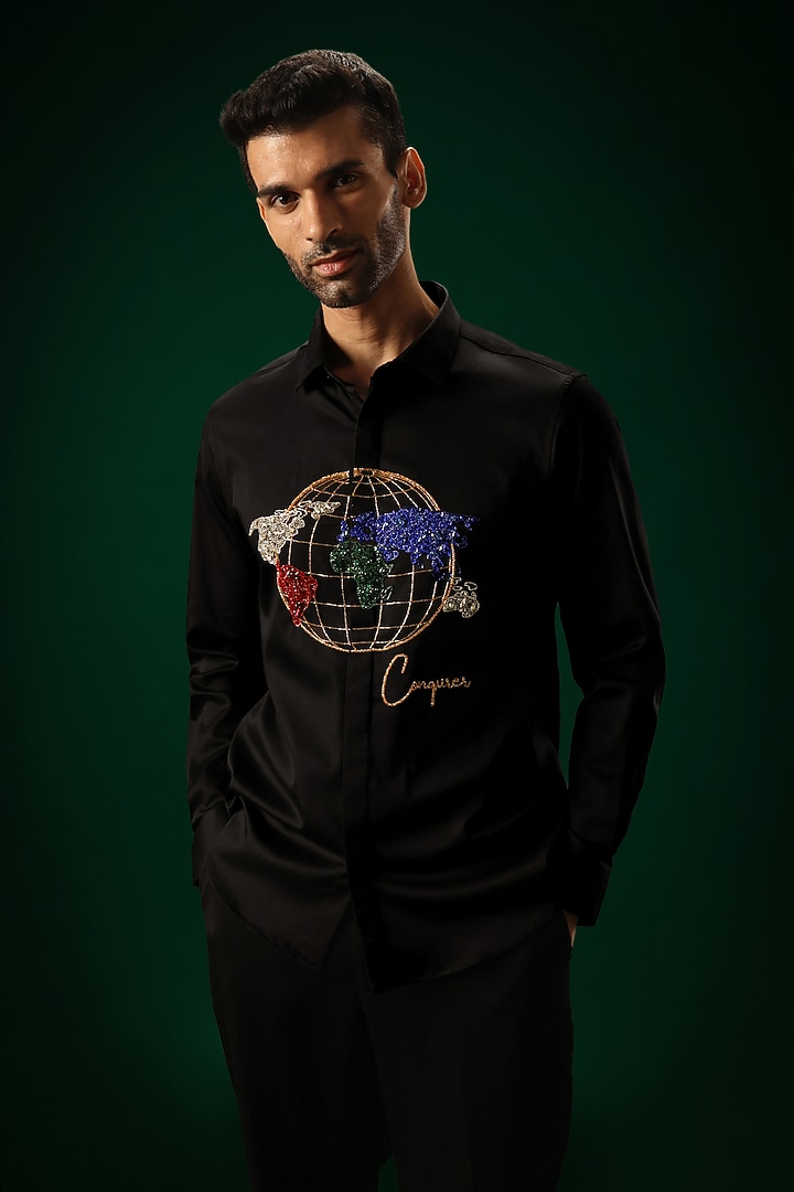 Black Cotton Satin Globe Hand Embroidered Party Wear Shirt by Komal Kothari at Pernia's Pop Up Shop