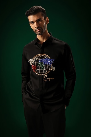 Black Cotton Satin Globe Hand Embroidered Shirt by Komal Kothari