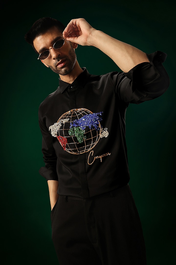 Black Cotton Satin Globe Hand Embroidered Party Wear Shirt by Komal Kothari at Pernia's Pop Up Shop
