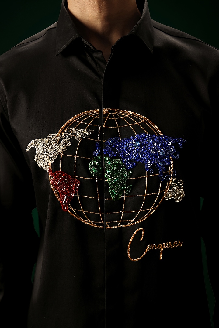 Black Cotton Satin Globe Hand Embroidered Party Wear Shirt by Komal Kothari at Pernia's Pop Up Shop