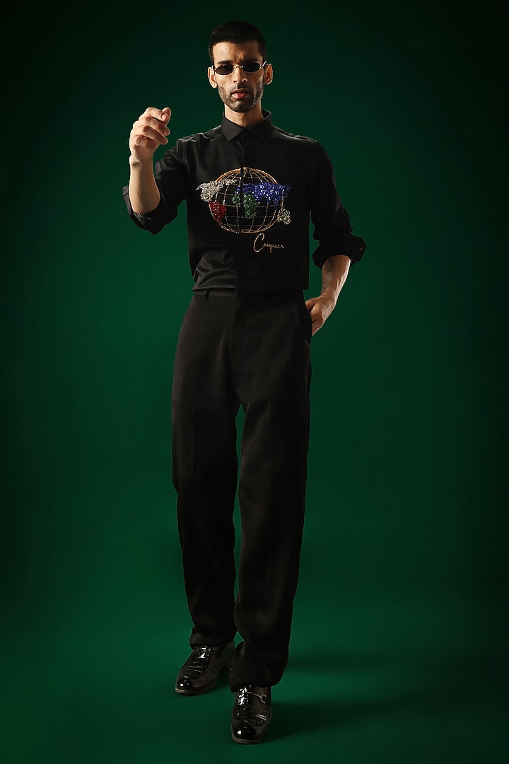 Black Cotton Satin Globe Hand Embroidered Party Wear Shirt by Komal Kothari at Pernia's Pop Up Shop