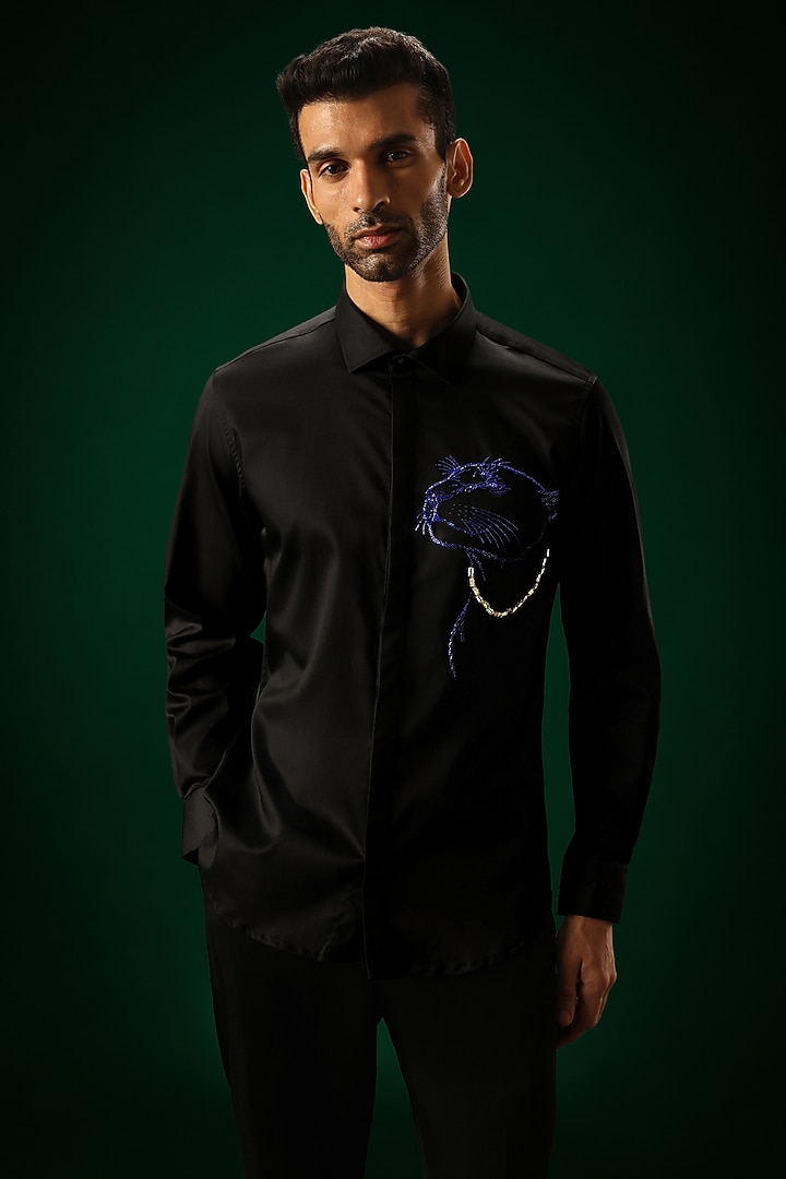 Black Cotton Satin Panther Hand Embroidered Party Wear Shirt by Komal Kothari at Pernia's Pop Up Shop