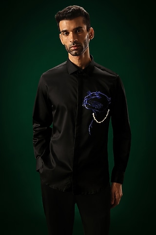 Black Cotton Satin Panther Hand Embroidered Shirt by Komal Kothari