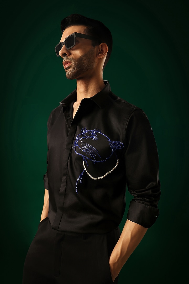 Black Cotton Satin Panther Hand Embroidered Party Wear Shirt by Komal Kothari at Pernia's Pop Up Shop