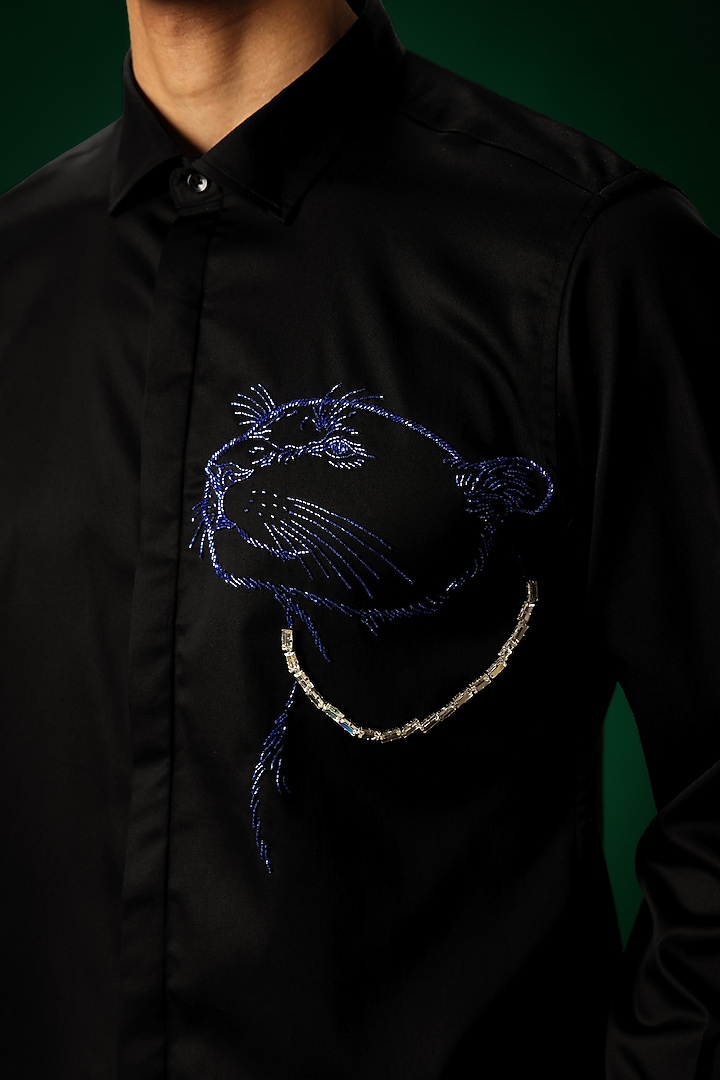 Black Cotton Satin Panther Hand Embroidered Party Wear Shirt by Komal Kothari at Pernia's Pop Up Shop