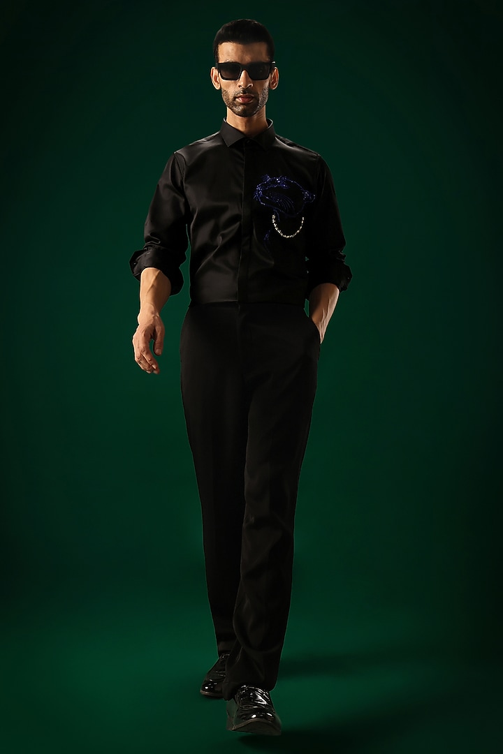 Black Cotton Satin Panther Hand Embroidered Party Wear Shirt by Komal Kothari at Pernia's Pop Up Shop