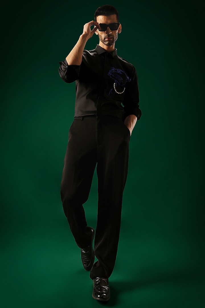 Black Cotton Satin Panther Hand Embroidered Party Wear Shirt by Komal Kothari at Pernia's Pop Up Shop