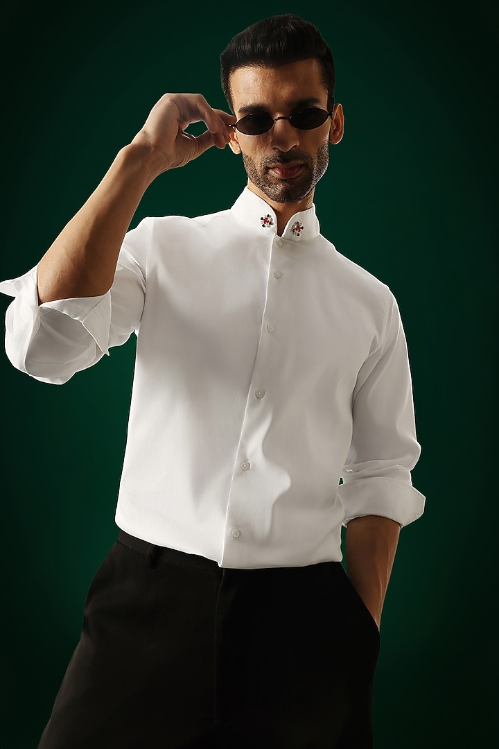White Cotton Satin Hand Embroidered Party Wear Shirt by Komal Kothari at Pernia's Pop Up Shop