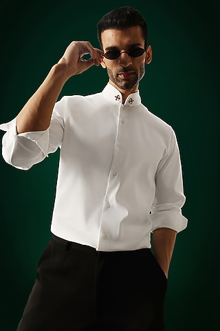 White Cotton Satin Hand Embroidered Shirt by Komal Kothari