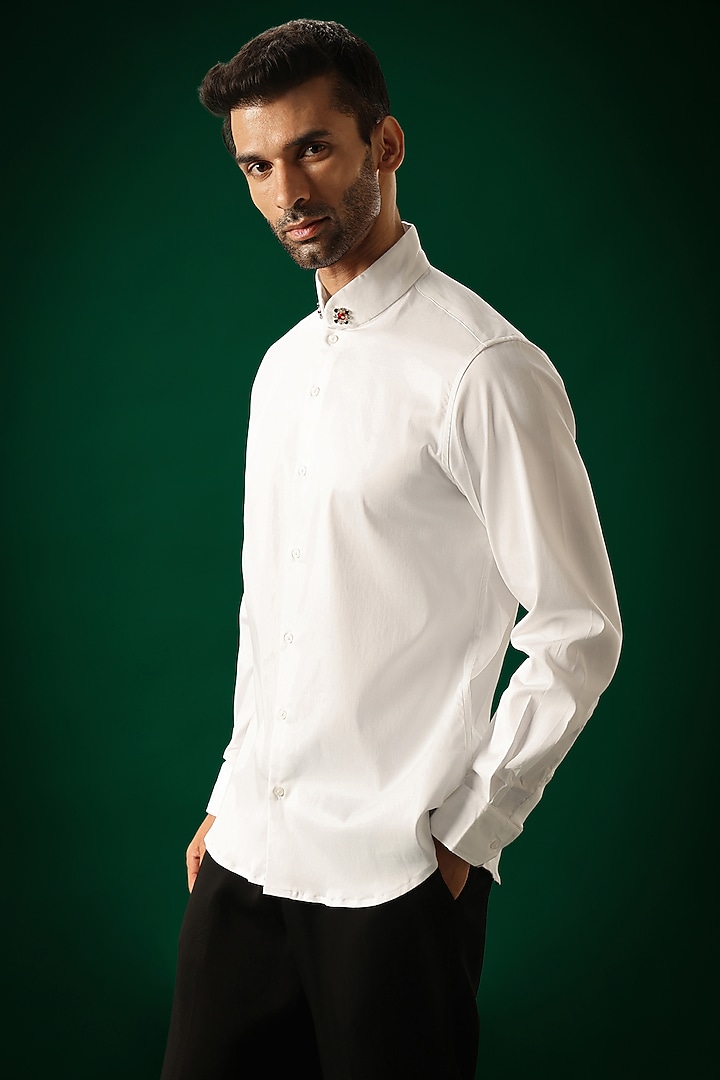 White Cotton Satin Hand Embroidered Party Wear Shirt by Komal Kothari at Pernia's Pop Up Shop