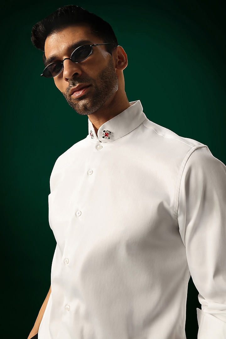 White Cotton Satin Hand Embroidered Party Wear Shirt by Komal Kothari at Pernia's Pop Up Shop