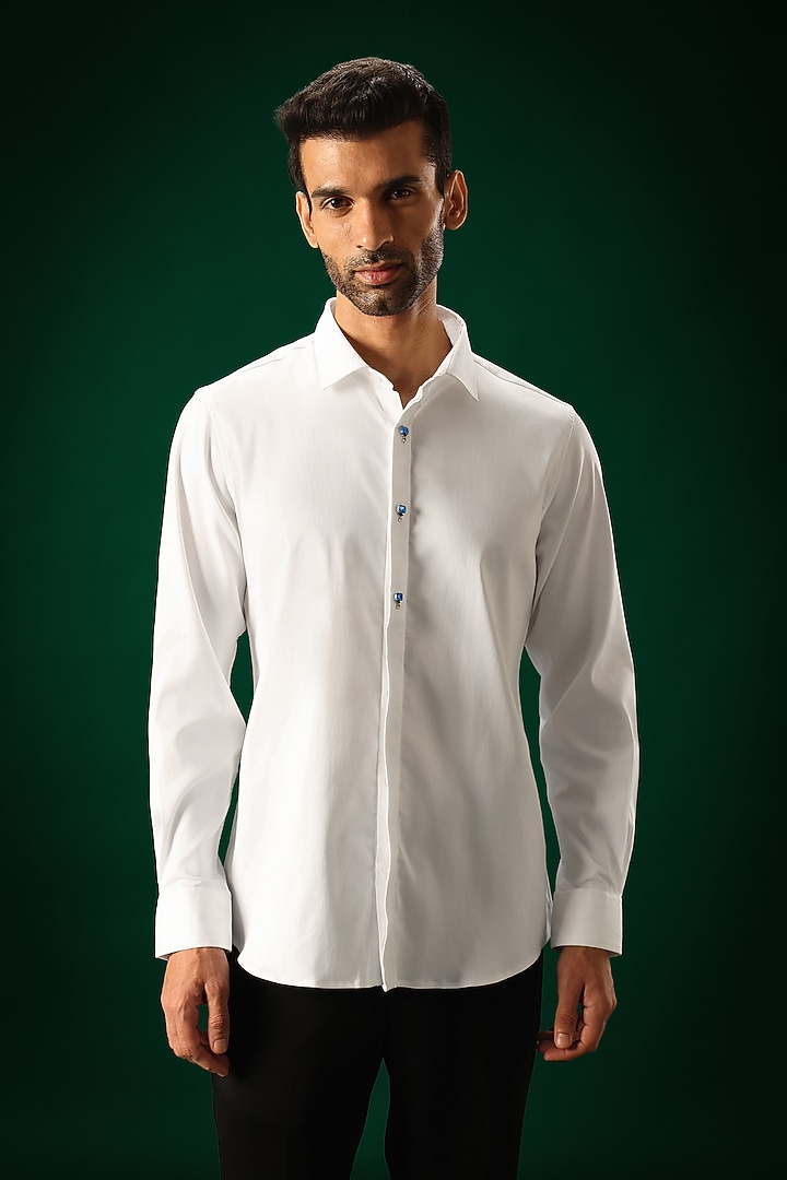 White Cotton Satin Stone Hand Embroidered Party Wear Shirt by Komal Kothari at Pernia's Pop Up Shop