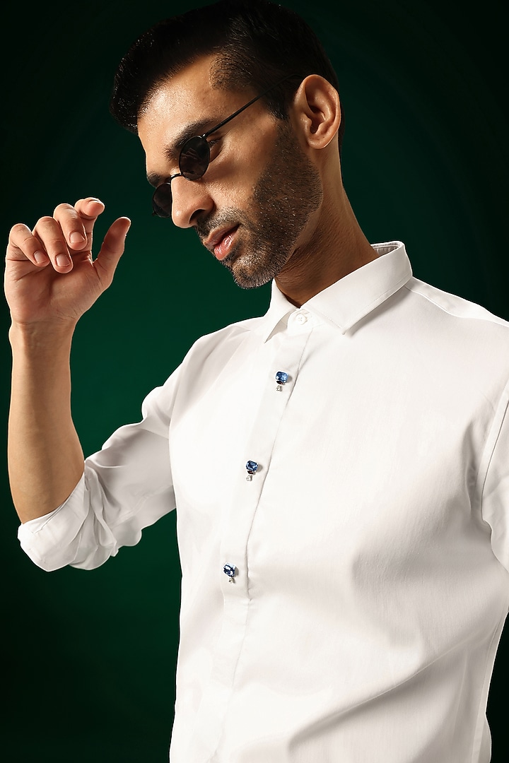 White Cotton Satin Stone Hand Embroidered Party Wear Shirt by Komal Kothari at Pernia's Pop Up Shop