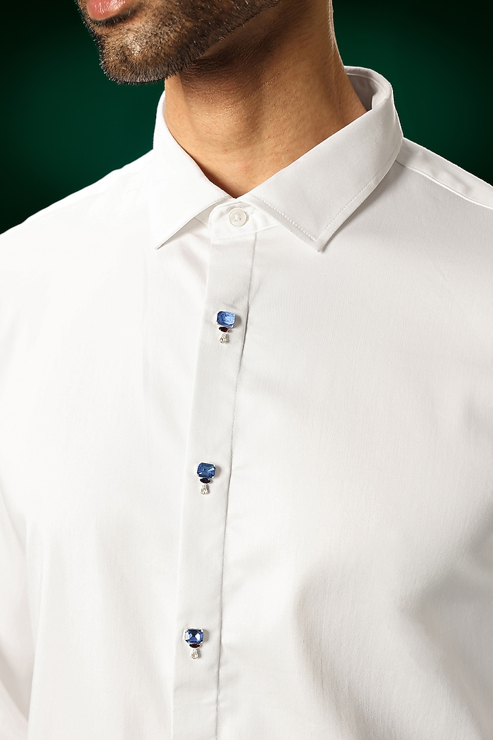 White Cotton Satin Stone Hand Embroidered Party Wear Shirt by Komal Kothari at Pernia's Pop Up Shop