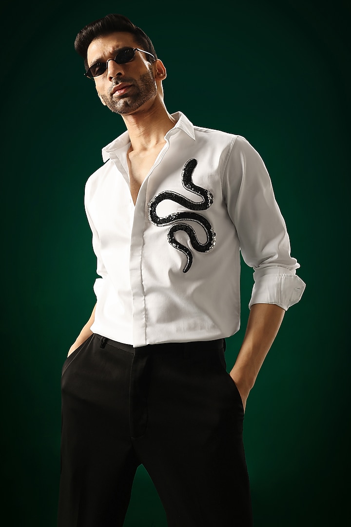White Cotton Satin Snake Hand Embroidered Party Wear Shirt by Komal Kothari at Pernia's Pop Up Shop