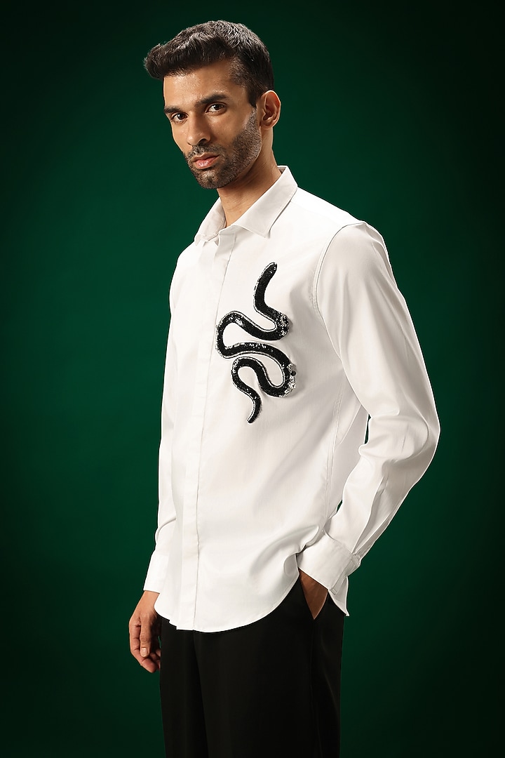 White Cotton Satin Snake Hand Embroidered Party Wear Shirt by Komal Kothari at Pernia's Pop Up Shop