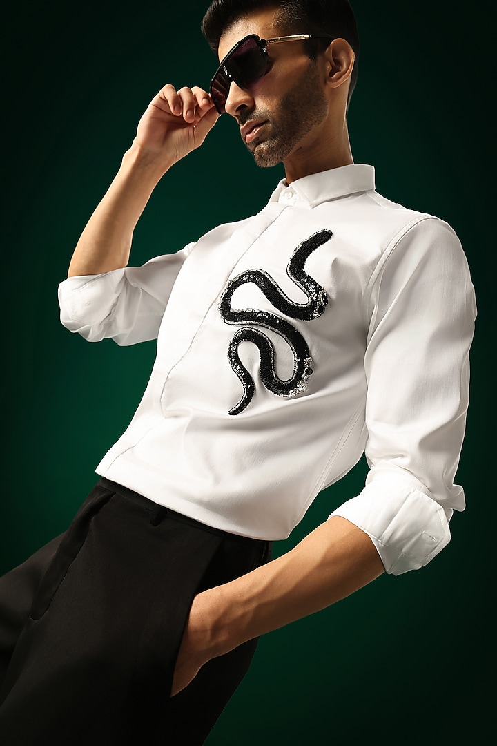 White Cotton Satin Snake Hand Embroidered Party Wear Shirt by Komal Kothari at Pernia's Pop Up Shop