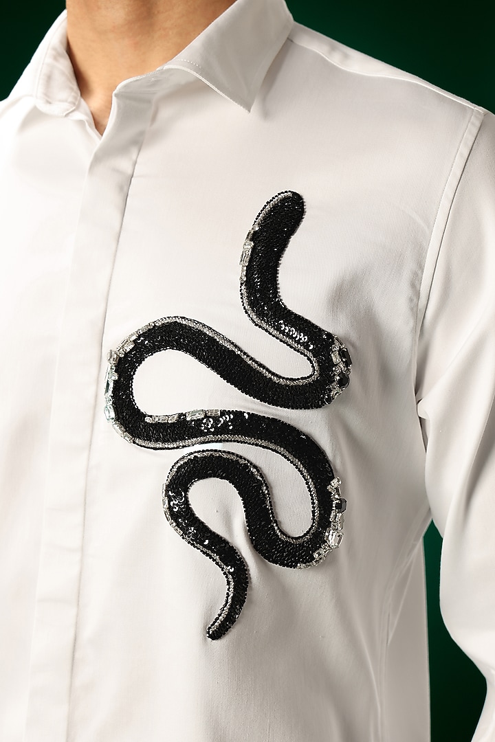 White Cotton Satin Snake Hand Embroidered Party Wear Shirt by Komal Kothari at Pernia's Pop Up Shop