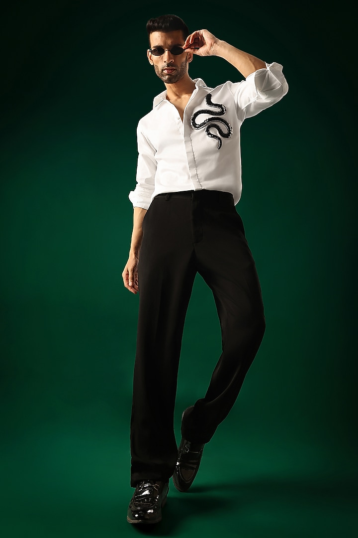 White Cotton Satin Snake Hand Embroidered Party Wear Shirt by Komal Kothari at Pernia's Pop Up Shop