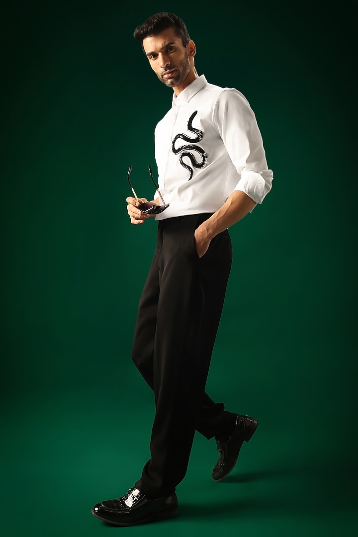 White Cotton Satin Snake Hand Embroidered Party Wear Shirt by Komal Kothari at Pernia's Pop Up Shop